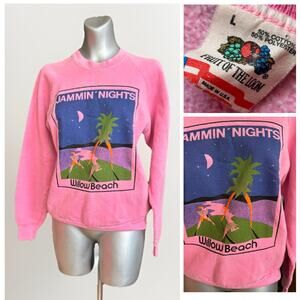 Vintage 80s Fruit of the Loom Retro Willow Beach Crew Sweatshirt Pink USA Large